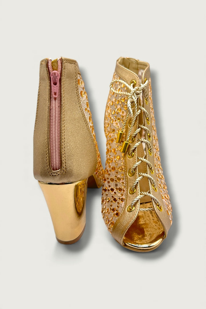 Golden Mesh Peep-Toe Heels with Lace-Up Detail – Glam Comfort Edition