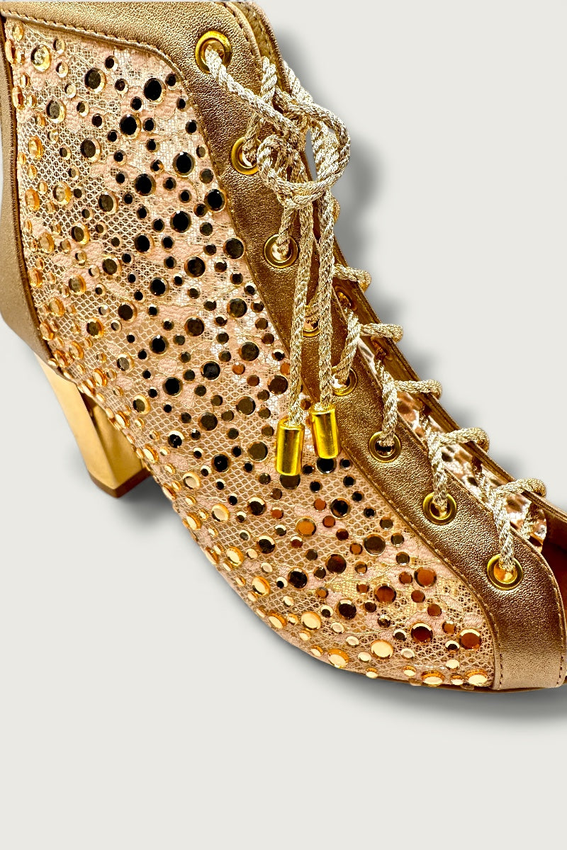 Golden Mesh Peep-Toe Heels with Lace-Up Detail – Glam Comfort Edition