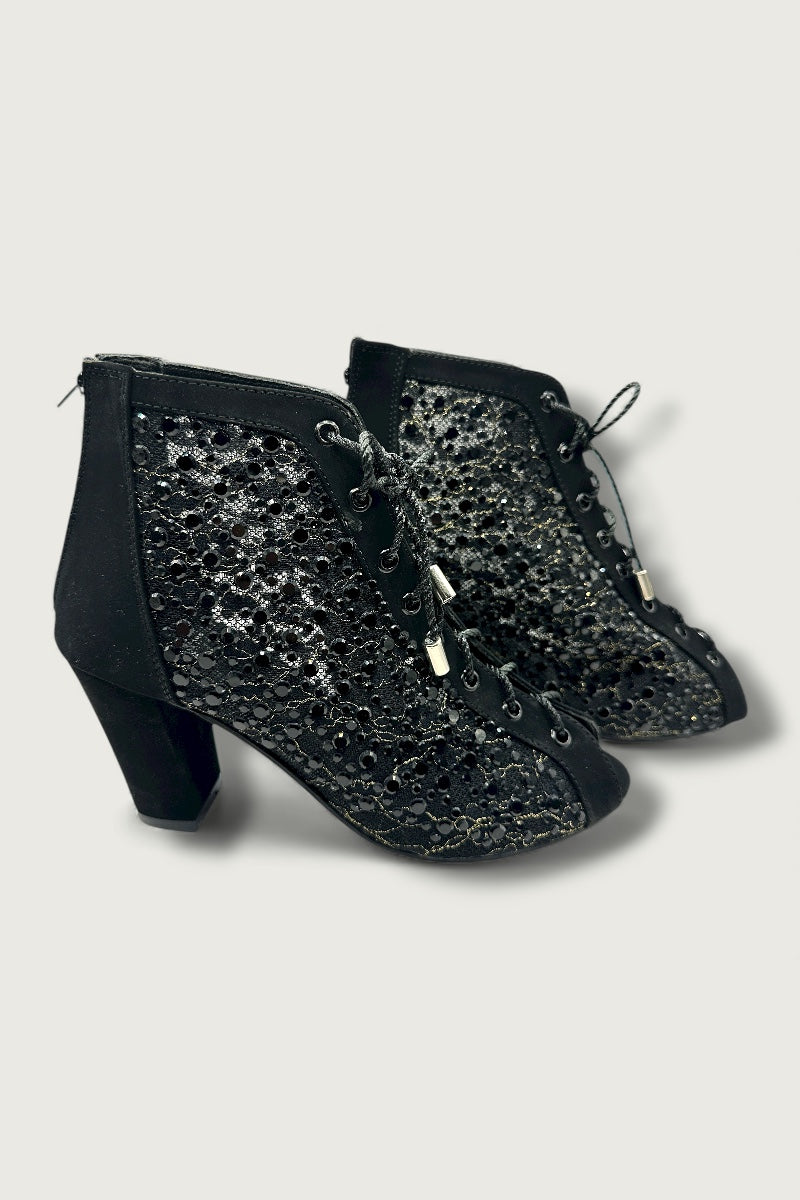 Black Crystal Embellished Mesh Lace-Up Peep-Toe Heels
