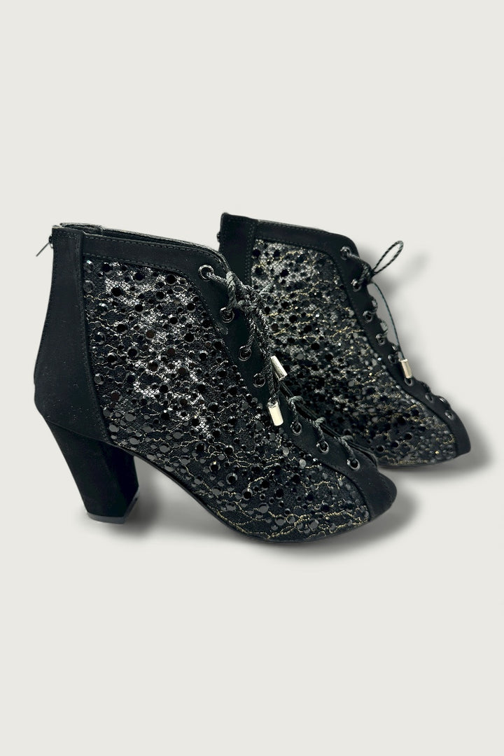 Black Crystal Embellished Mesh Lace-Up Peep-Toe Heels
