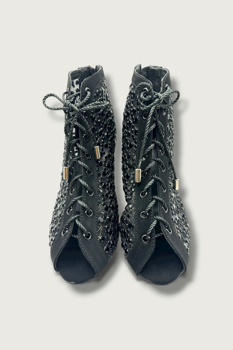 Black Crystal Embellished Mesh Lace-Up Peep-Toe Heels