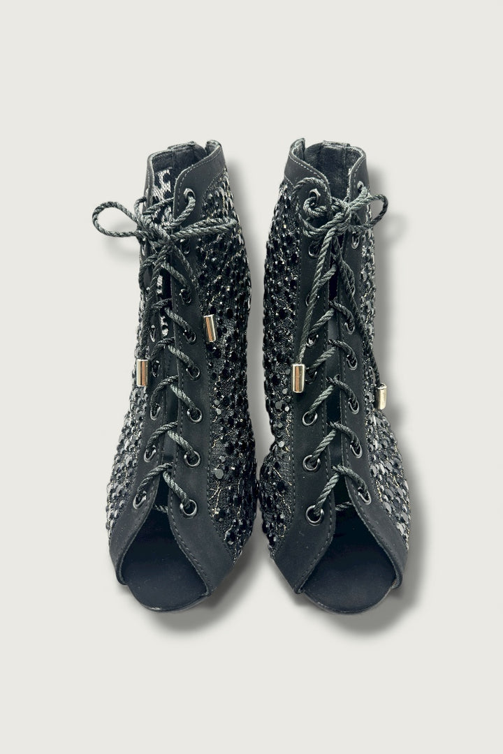 Black Crystal Embellished Mesh Lace-Up Peep-Toe Heels