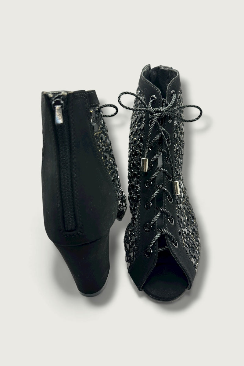 Black Crystal Embellished Mesh Lace-Up Peep-Toe Heels