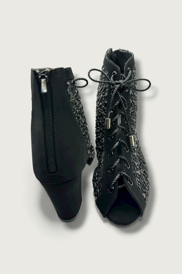 Black Crystal Embellished Mesh Lace-Up Peep-Toe Heels