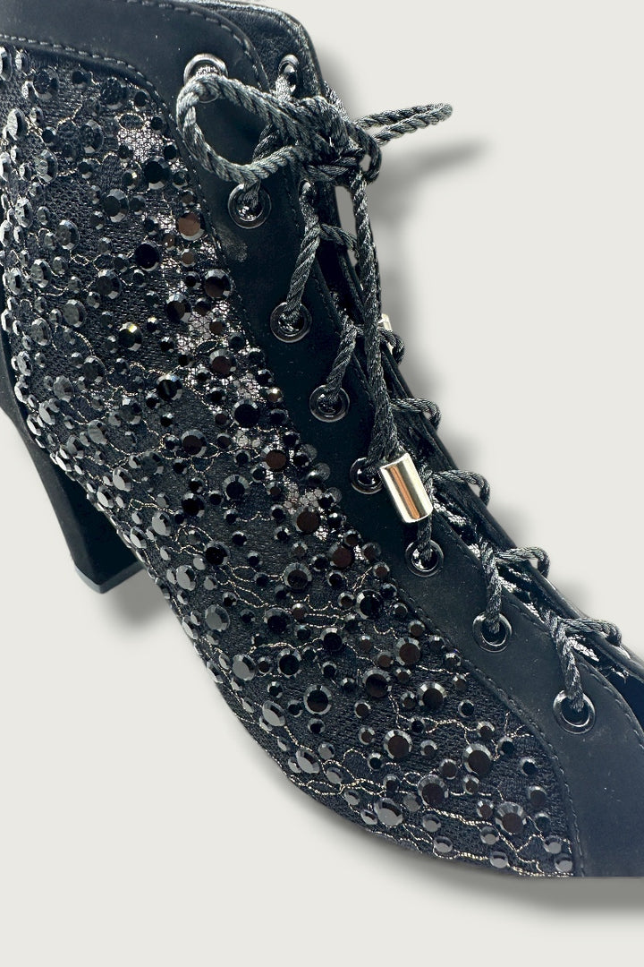 Black Crystal Embellished Mesh Lace-Up Peep-Toe Heels