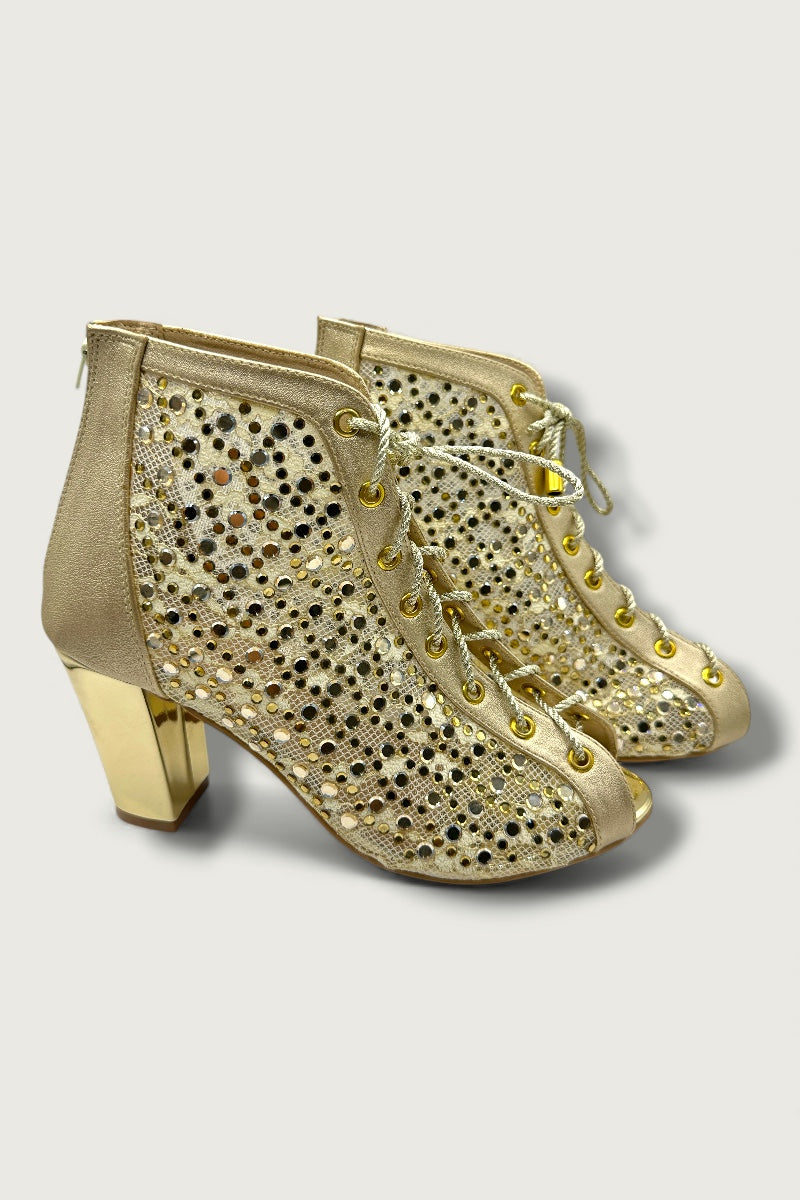 Golden Mesh Lace-Up Ethnic Heels with Cutwork & Peep-Toe Design