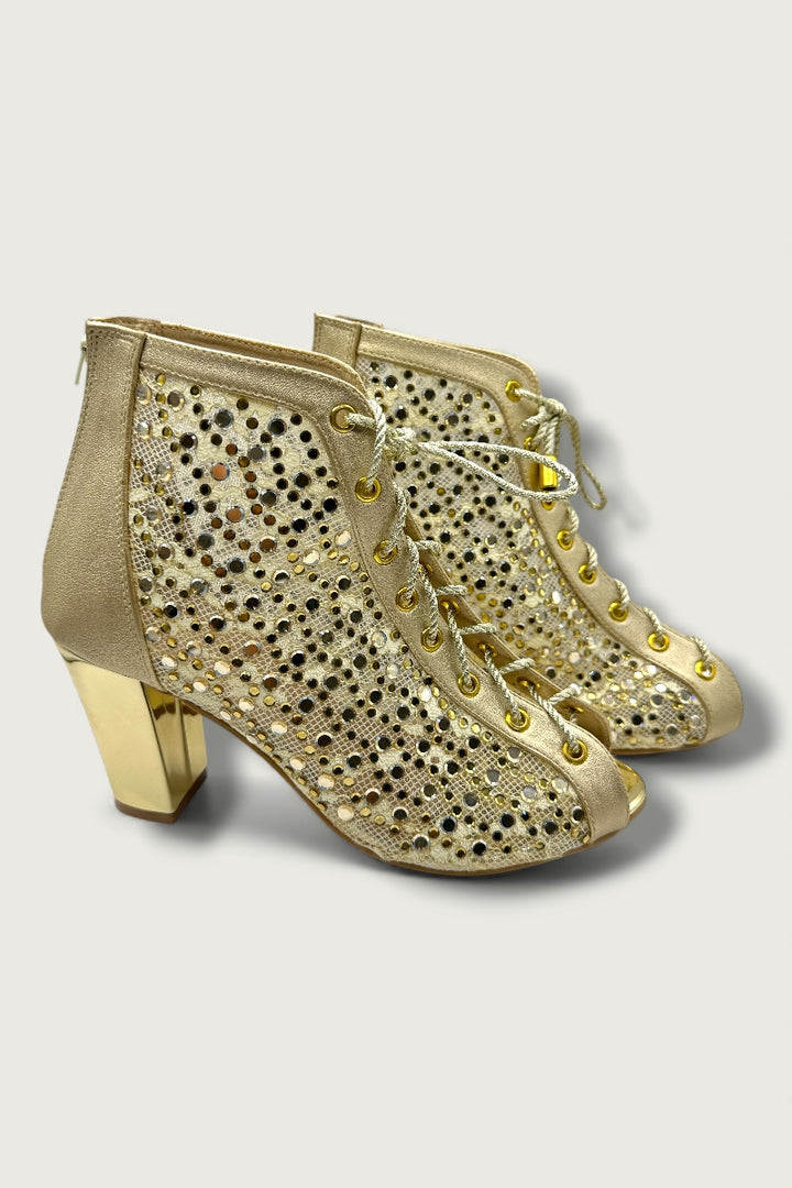 Golden Mesh Lace-Up Ethnic Heels with Cutwork & Peep-Toe Design