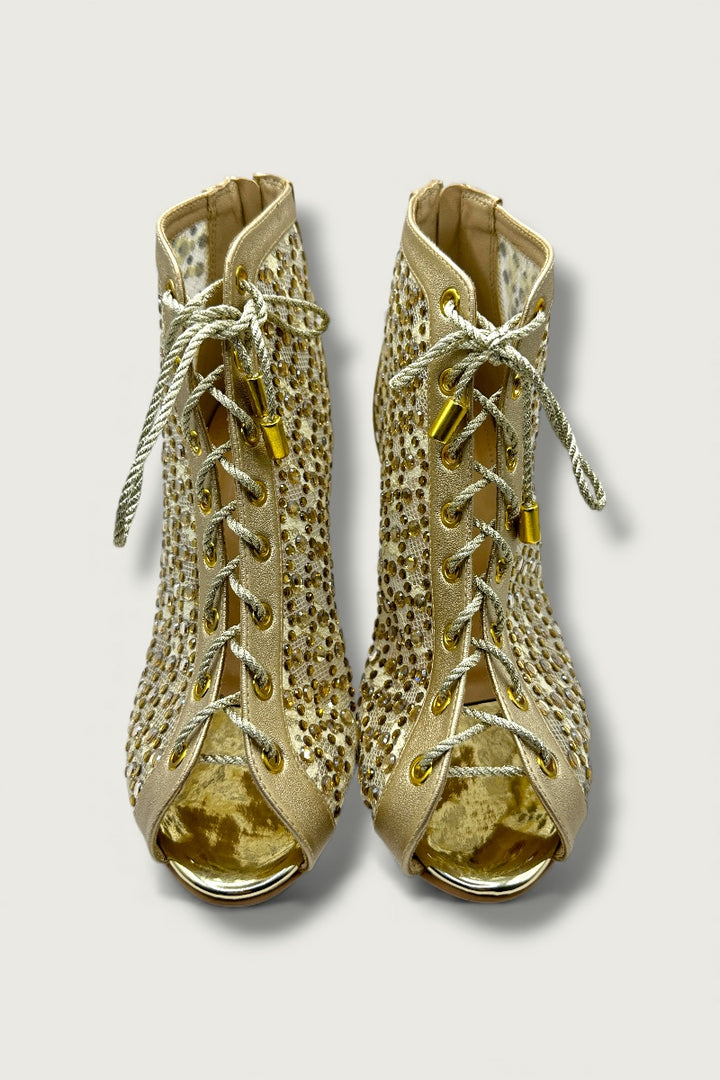 Golden Mesh Lace-Up Ethnic Heels with Cutwork & Peep-Toe Design