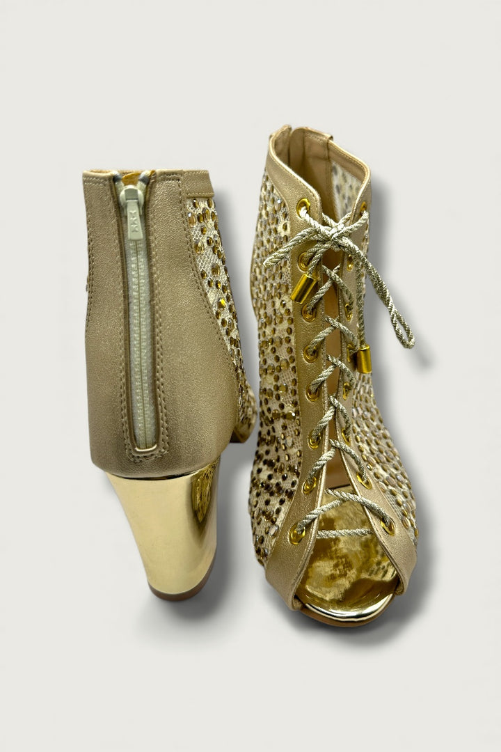 Golden Mesh Lace-Up Ethnic Heels with Cutwork & Peep-Toe Design