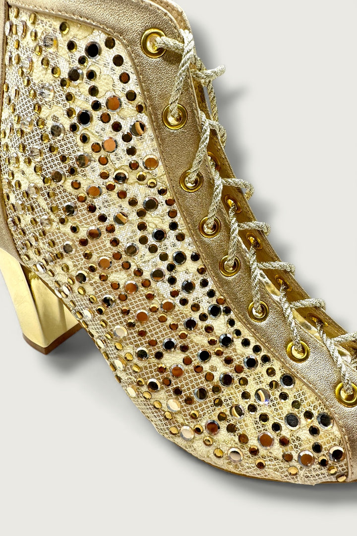 Golden Mesh Lace-Up Ethnic Heels with Cutwork & Peep-Toe Design
