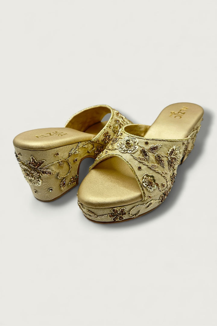 Gold Embroidered Designer Wedge Heels – Bridal & Festive Footwear