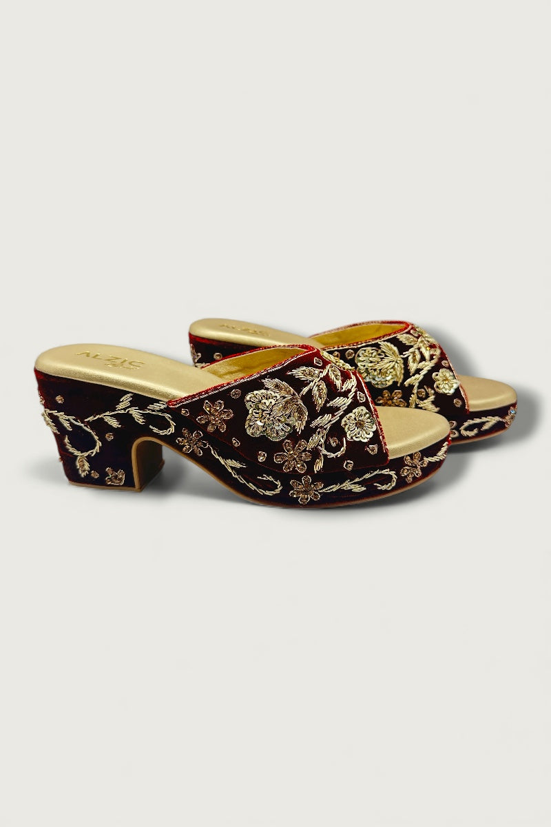 Maroon & Gold Embroidered Wedge Heels – Bridal & Festive Designer Footwear