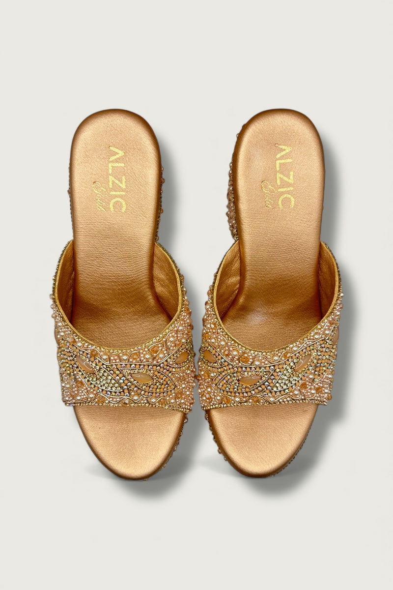 Gold Luxury Pearl & Crystal Hand-Embellished High Platform Designer Heels
