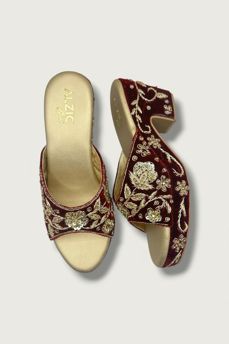 Maroon & Gold Embroidered Wedge Heels – Bridal & Festive Designer Footwear