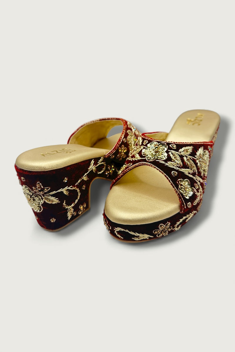 Maroon & Gold Embroidered Wedge Heels – Bridal & Festive Designer Footwear