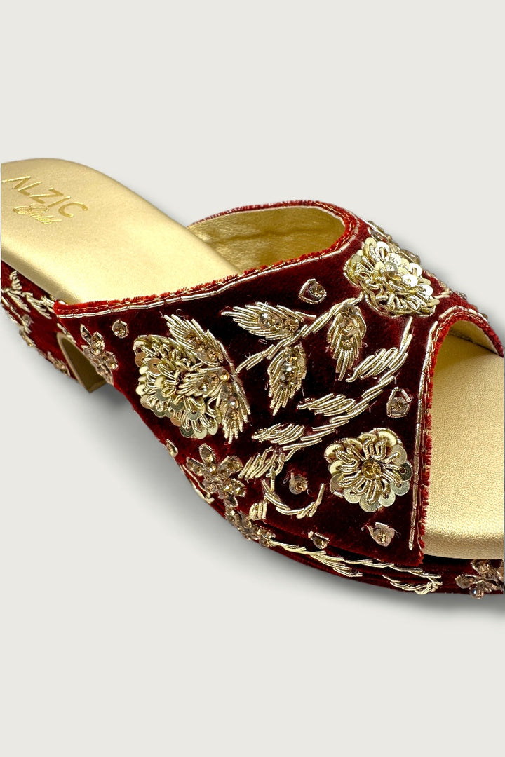 Maroon & Gold Embroidered Wedge Heels – Bridal & Festive Designer Footwear
