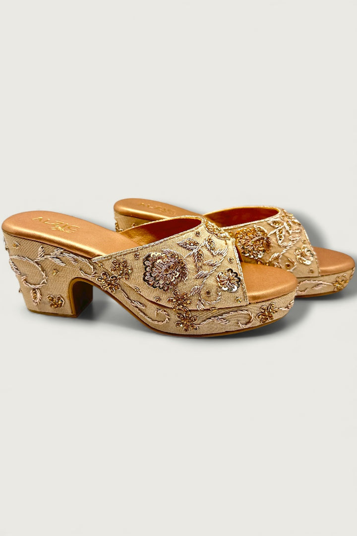 Ivory Gold Embroidered Wedge Heels – Bridal & Festive Designer Footwear