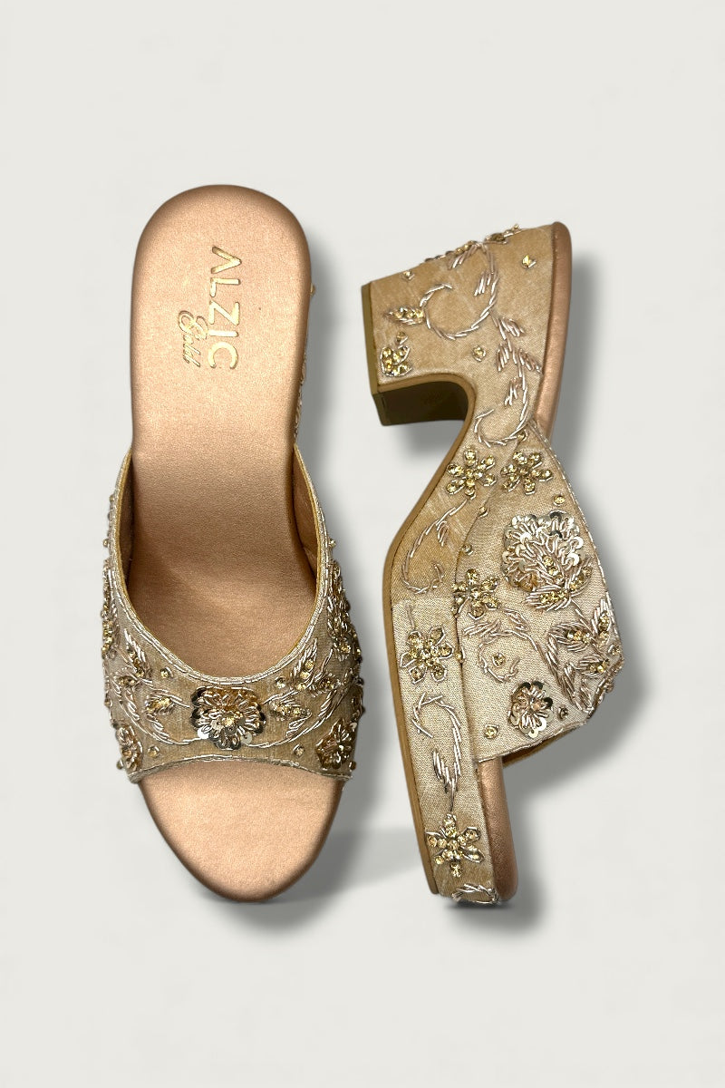 Ivory Gold Embroidered Wedge Heels – Bridal & Festive Designer Footwear