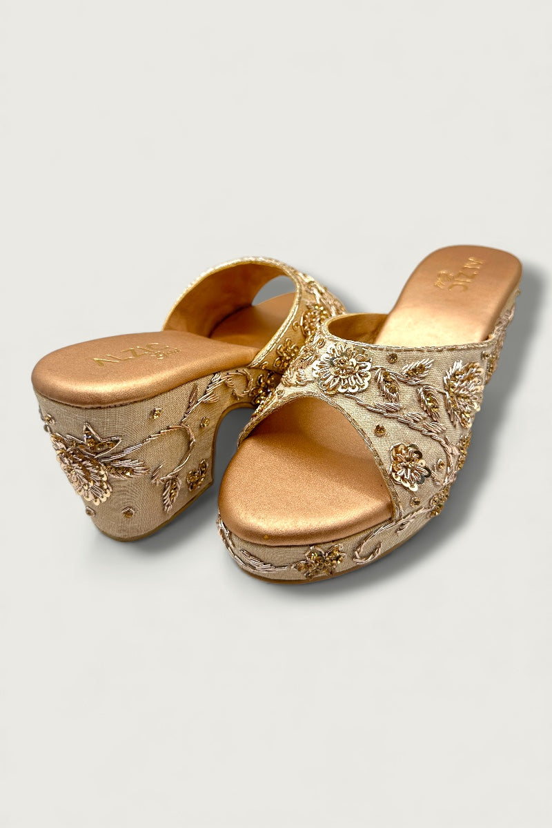Ivory Gold Embroidered Wedge Heels – Bridal & Festive Designer Footwear