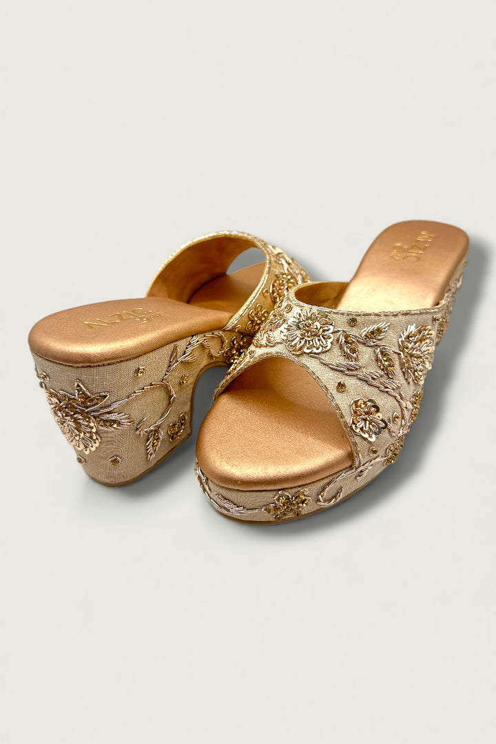 Ivory Gold Embroidered Wedge Heels – Bridal & Festive Designer Footwear