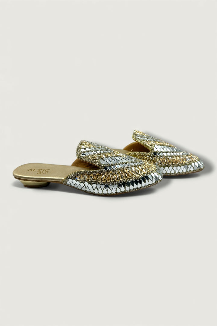 Gold & Silver Mirror-Work Designer Jutti – Bridal & Festive Slip-On Footwear