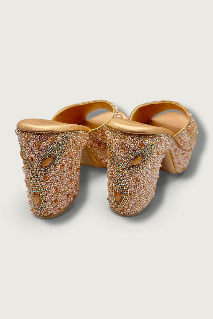Gold Luxury Pearl & Crystal Hand-Embellished High Platform Designer Heels