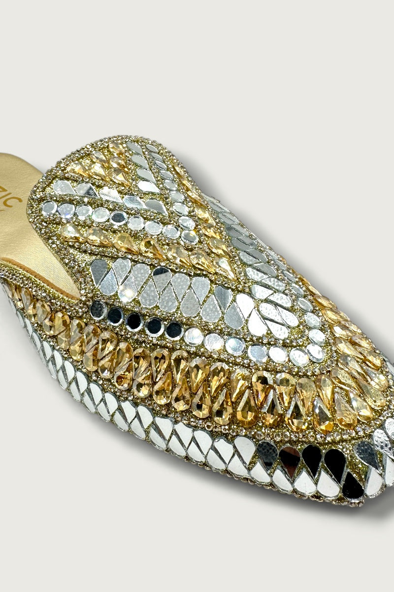 Gold & Silver Mirror-Work Designer Jutti – Bridal & Festive Slip-On Footwear