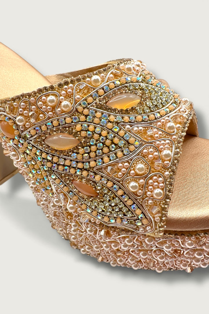 Gold Luxury Pearl & Crystal Hand-Embellished High Platform Designer Heels