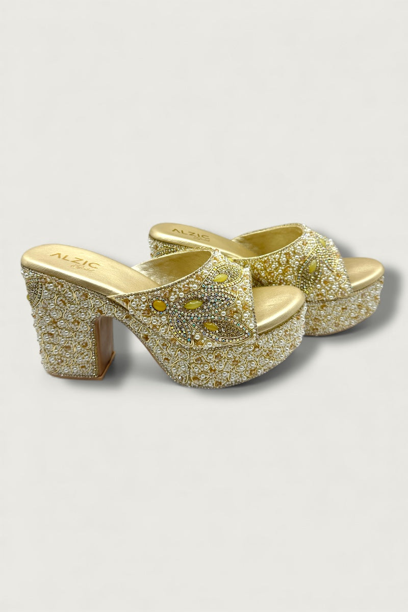 Royal Gold Handcrafted Pearl & Crystal Embellished Platform Heels