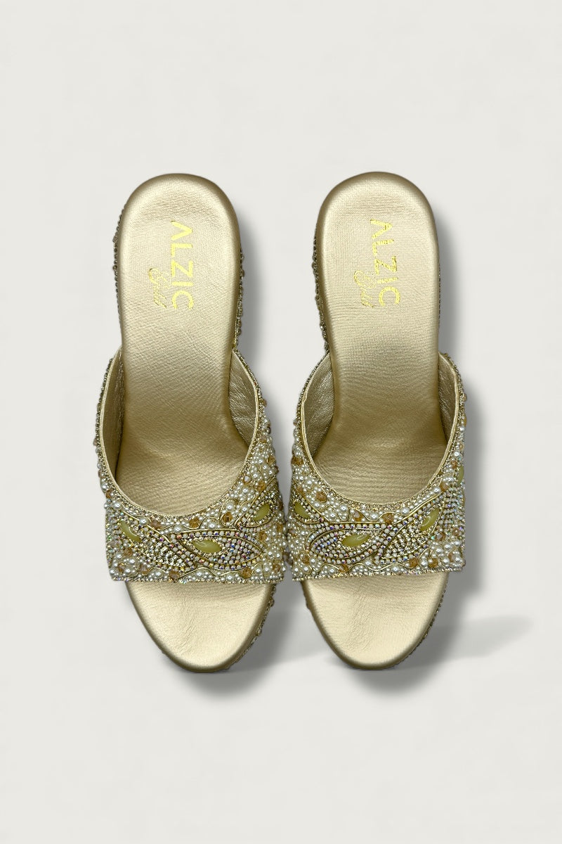 Royal Gold Handcrafted Pearl & Crystal Embellished Platform Heels