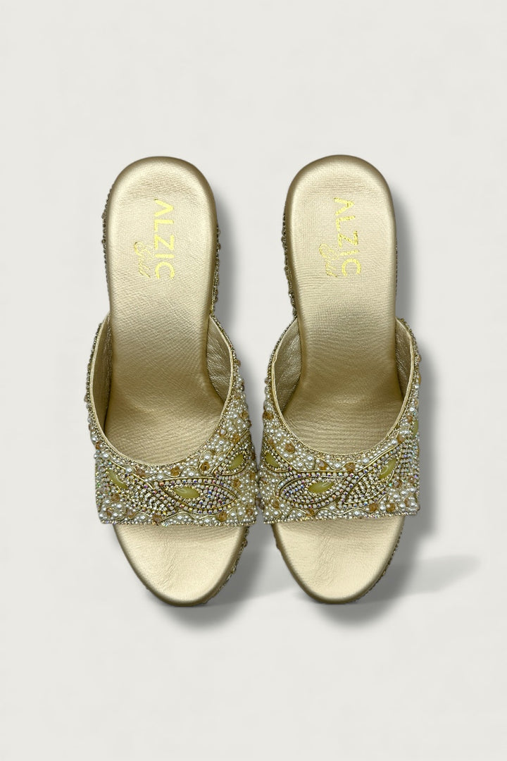 Royal Gold Handcrafted Pearl & Crystal Embellished Platform Heels