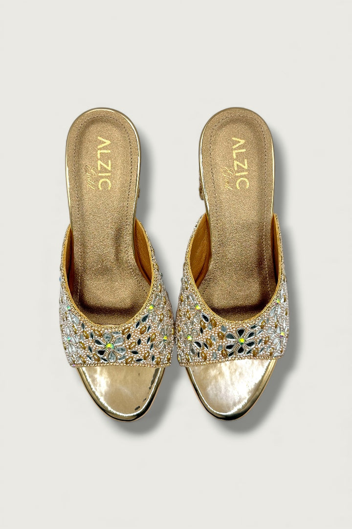 Gold Floral Embellished Block Heels Designer Festive & Wedding Footwear