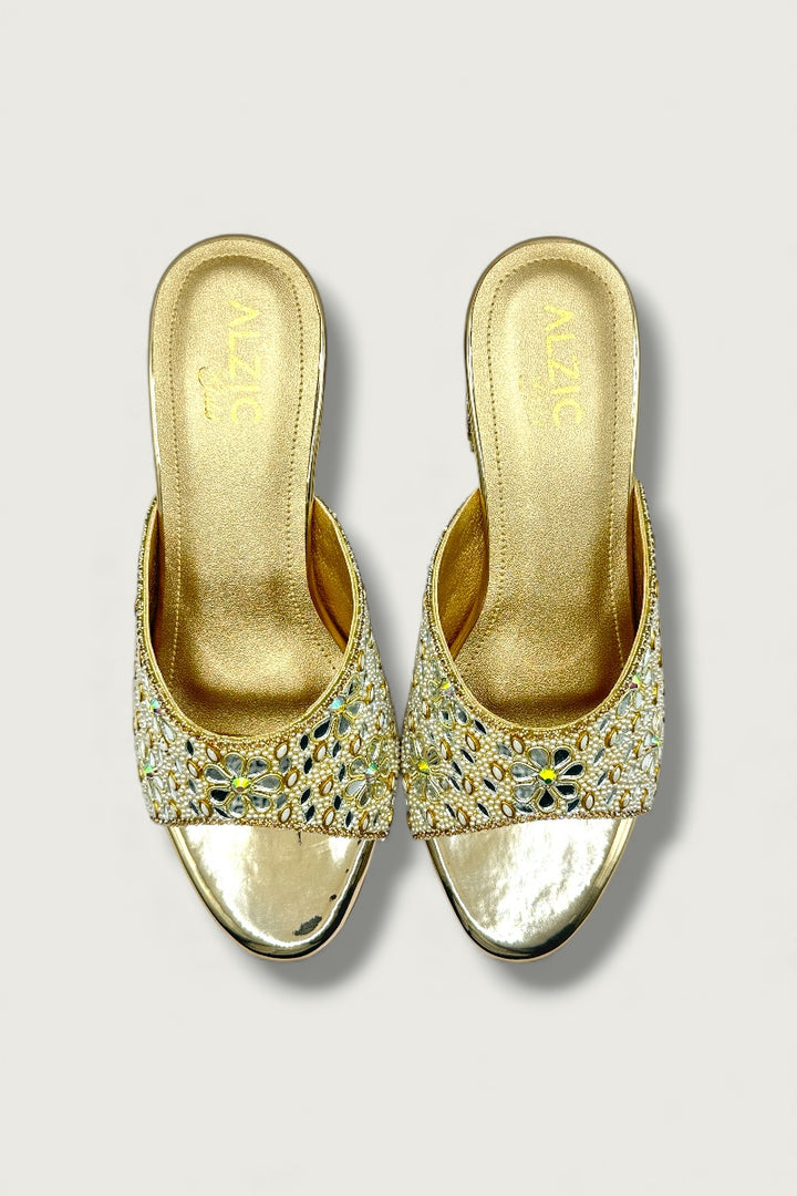 Gold Floral Mirror & Bead Embellished Block Heels Designer Festive & Wedding Footwear