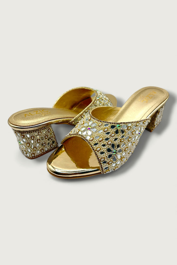 Gold Floral Mirror & Bead Embellished Block Heels Designer Festive & Wedding Footwear