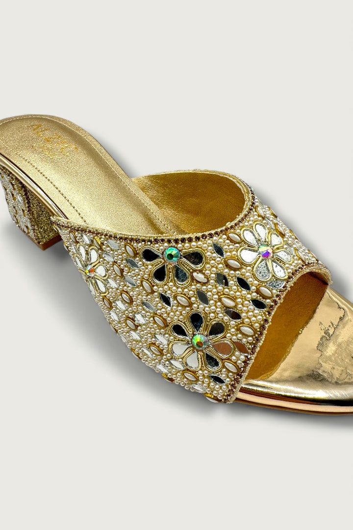 Gold Floral Mirror & Bead Embellished Block Heels Designer Festive & Wedding Footwear