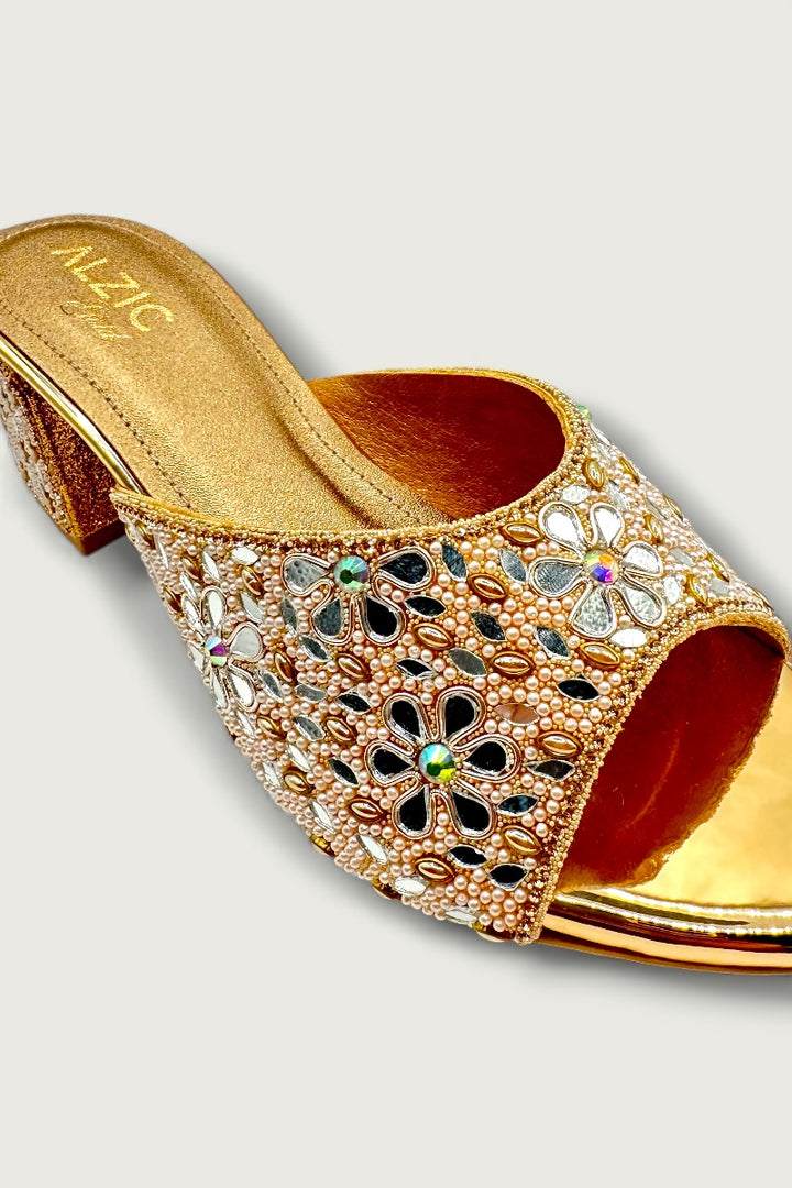 Gold Floral Embellished Block Heels Designer Festive & Wedding Footwear
