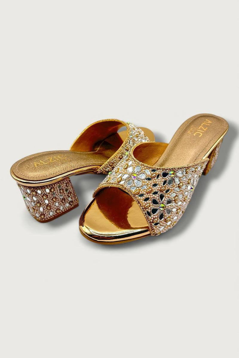 Gold Floral Embellished Block Heels Designer Festive & Wedding Footwear