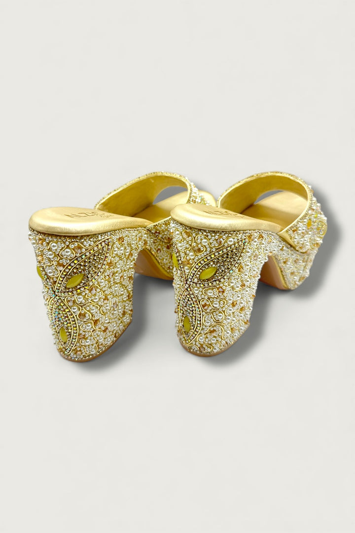 Royal Gold Handcrafted Pearl & Crystal Embellished Platform Heels