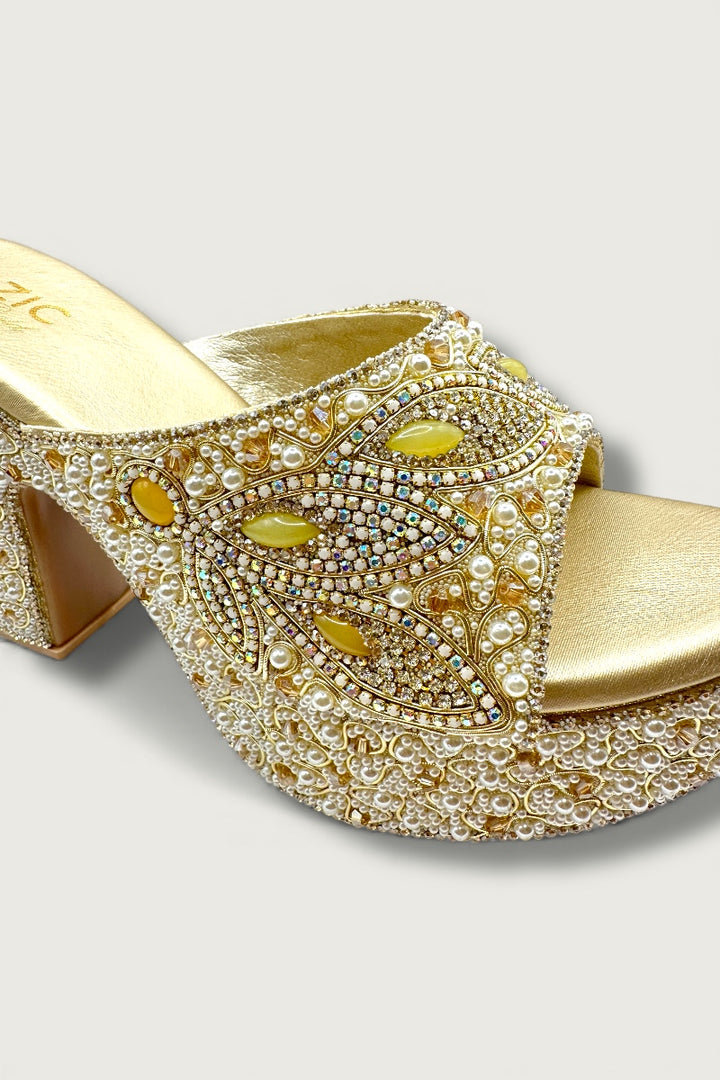 Royal Gold Handcrafted Pearl & Crystal Embellished Platform Heels