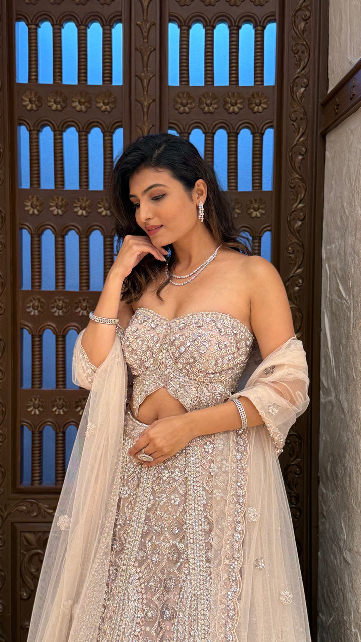 Champagne Ivory & Silver Embellished Lehenga with Corset Blouse & Net Dupatta