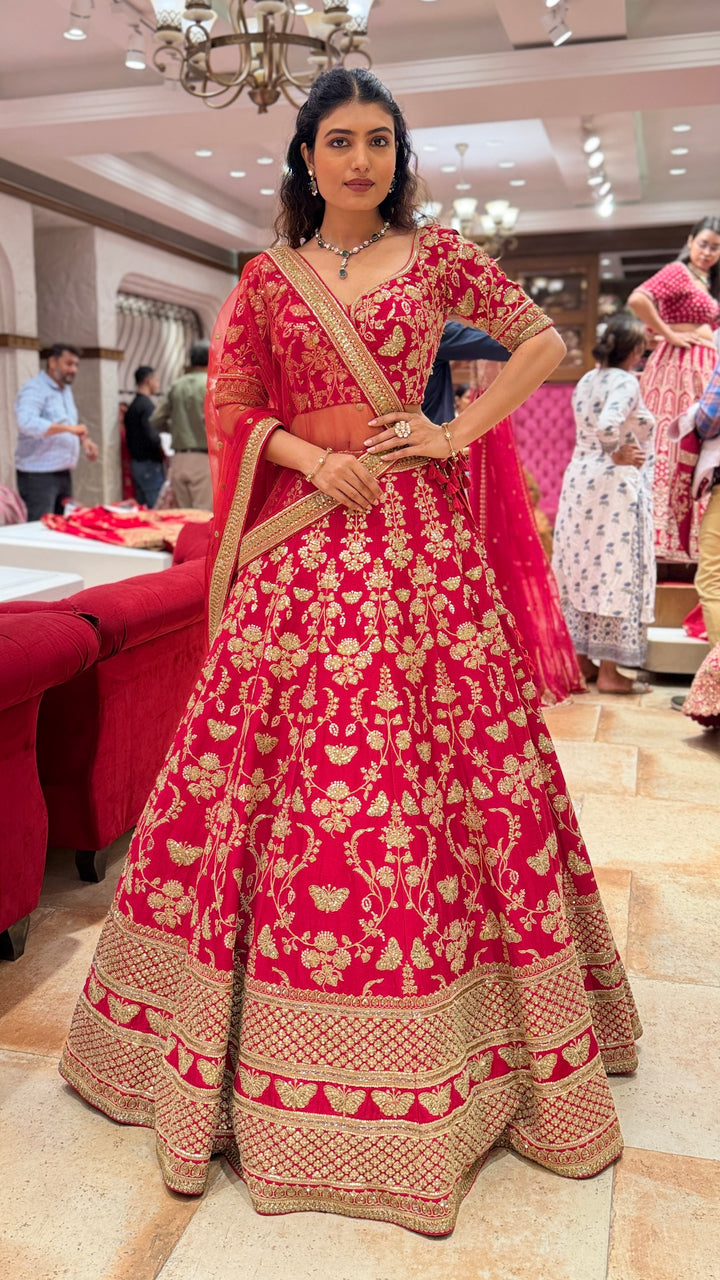 Crimson Red Heavy Embroidered Bridal Lehenga Choli with Designer Dupatta