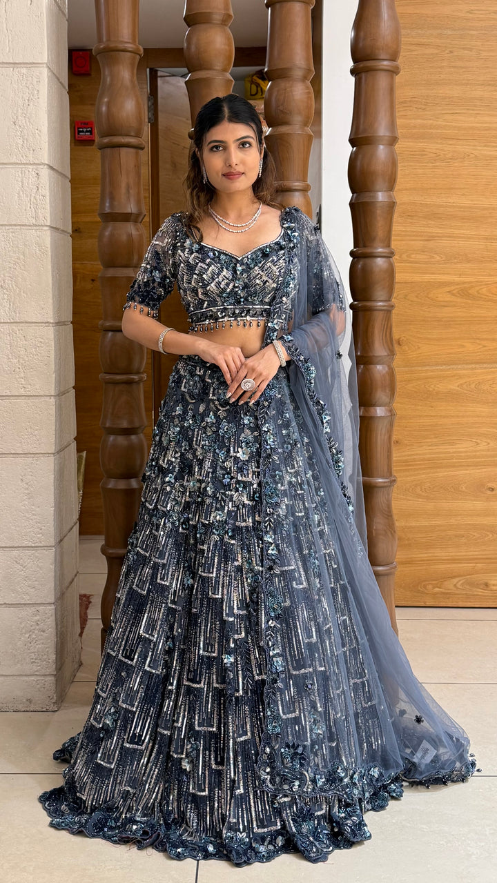 Midnight Blue Heavy Embroidered Sequins & Beadwork Lehenga with Designer Blouse & Net Dupatta