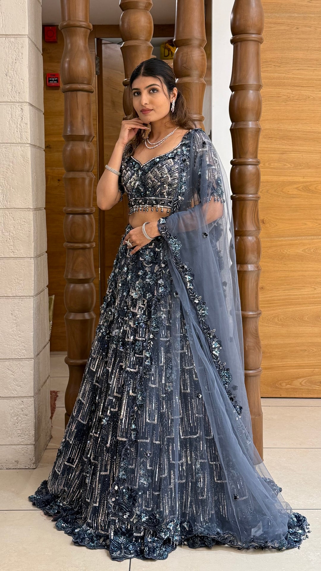 Midnight Blue Heavy Embroidered Sequins & Beadwork Lehenga with Designer Blouse & Net Dupatta
