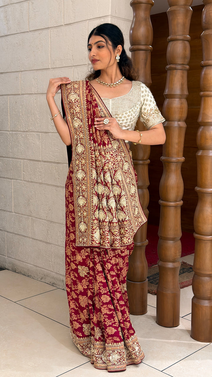 Royal Maroon Banarasi Saree with Intricate Gold Zari Weaving & Rich Traditional Pallu