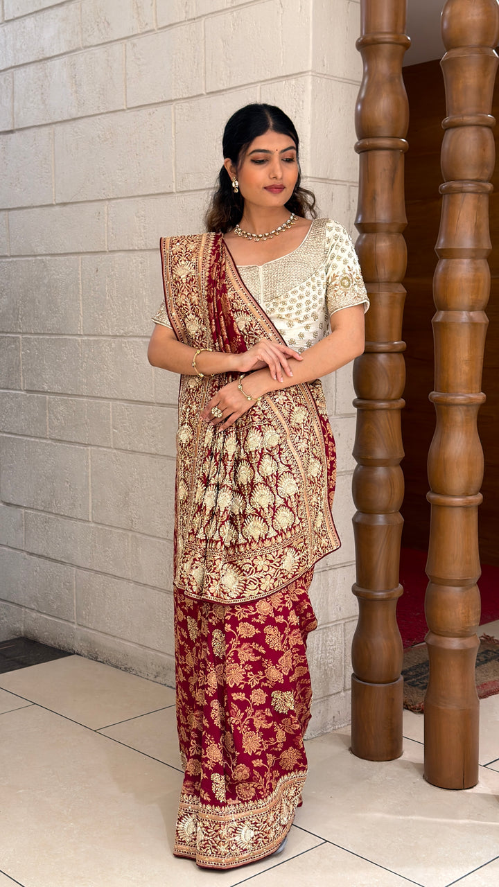 Royal Maroon Banarasi Saree with Intricate Gold Zari Weaving & Rich Traditional Pallu