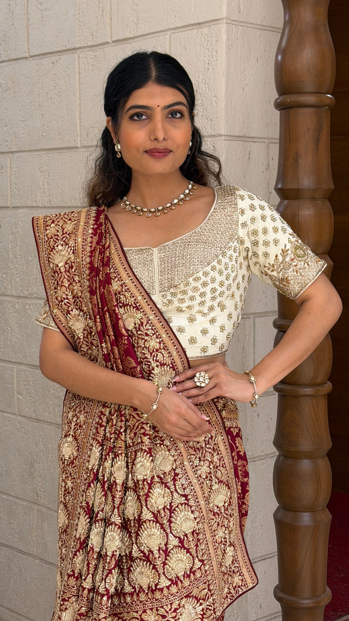Royal Maroon Banarasi Saree with Intricate Gold Zari Weaving & Rich Traditional Pallu