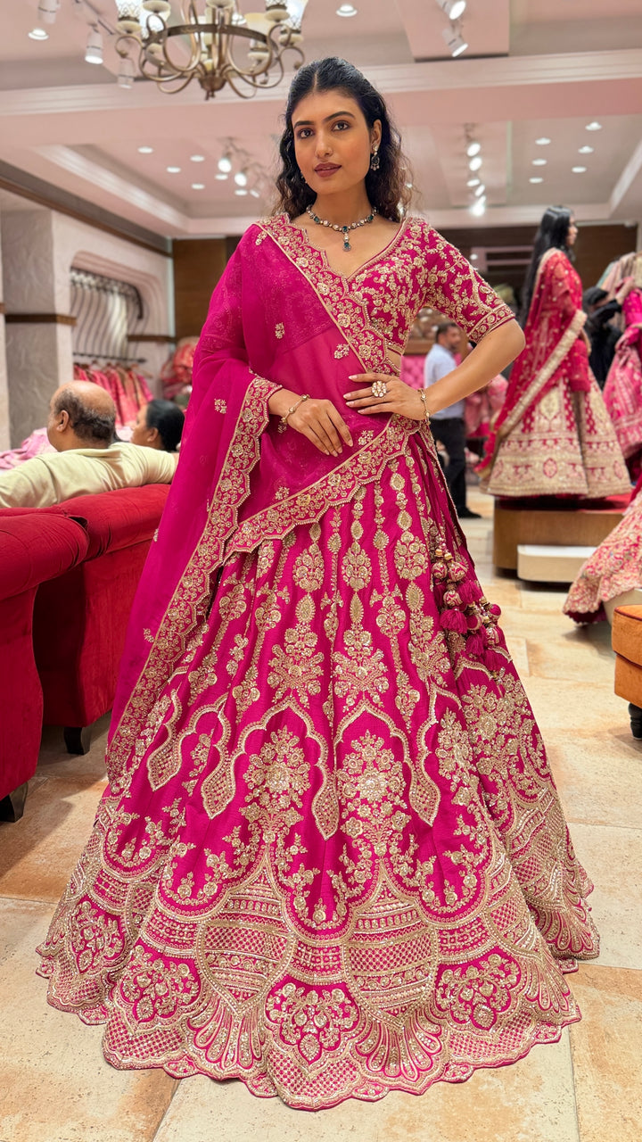 Rani Pink Heavy Embroidered Bridal Lehenga Choli with Designer Dupatta