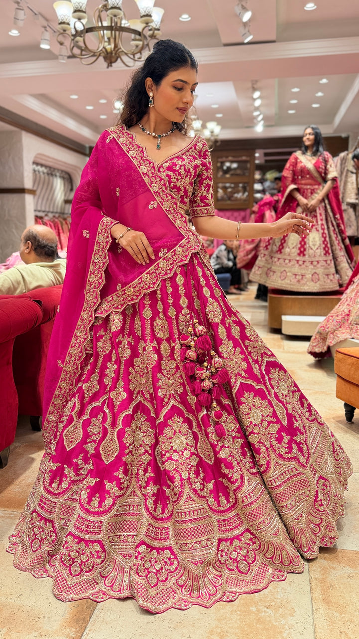 Rani Pink Heavy Embroidered Bridal Lehenga Choli with Designer Dupatta