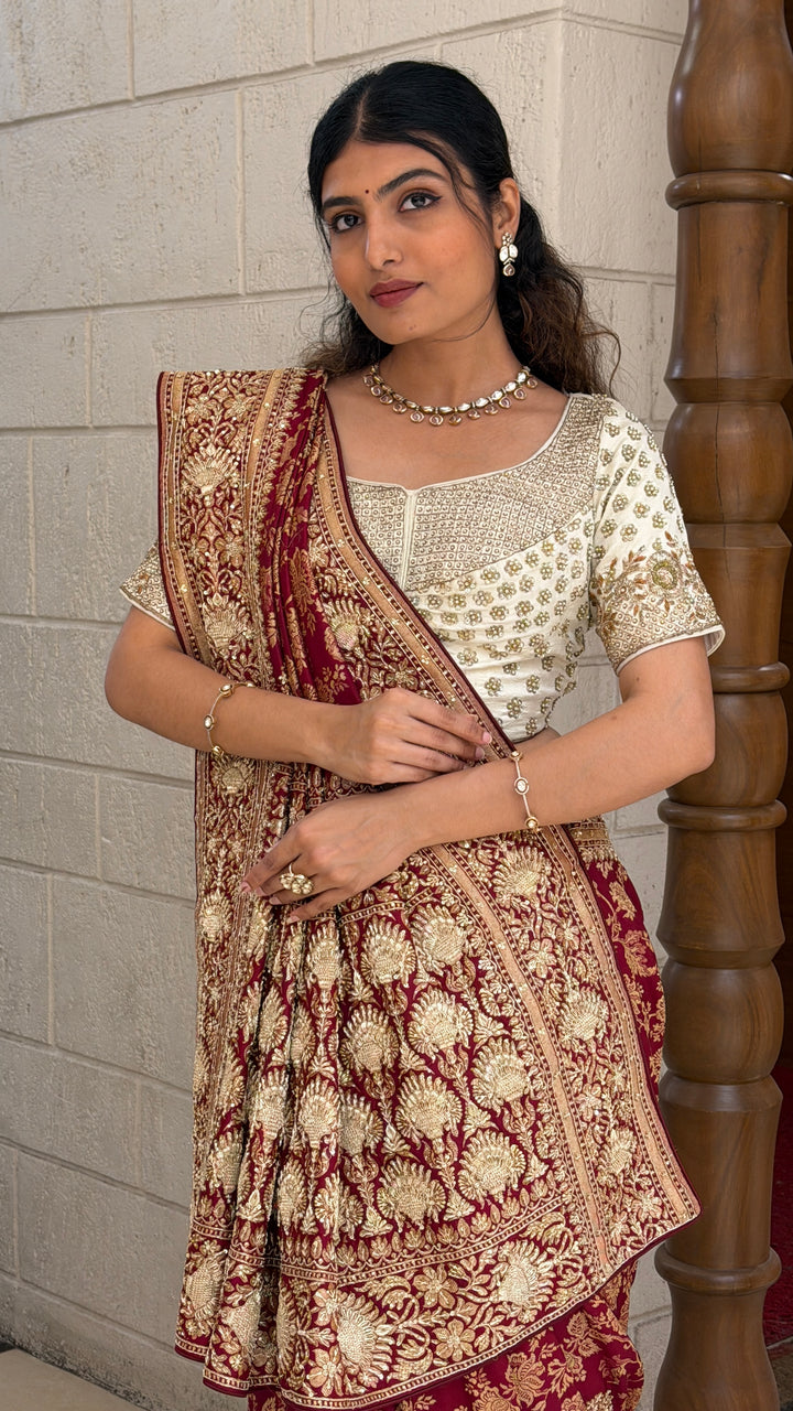 Royal Maroon Banarasi Saree with Intricate Gold Zari Weaving & Rich Traditional Pallu