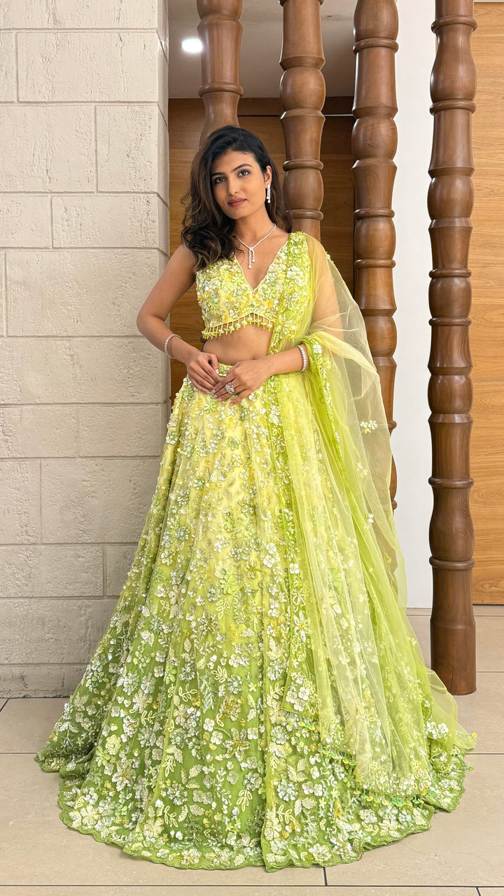 Lime Green Floral Embroidered Net Lehenga with Sequin Work & Matching Dupatta